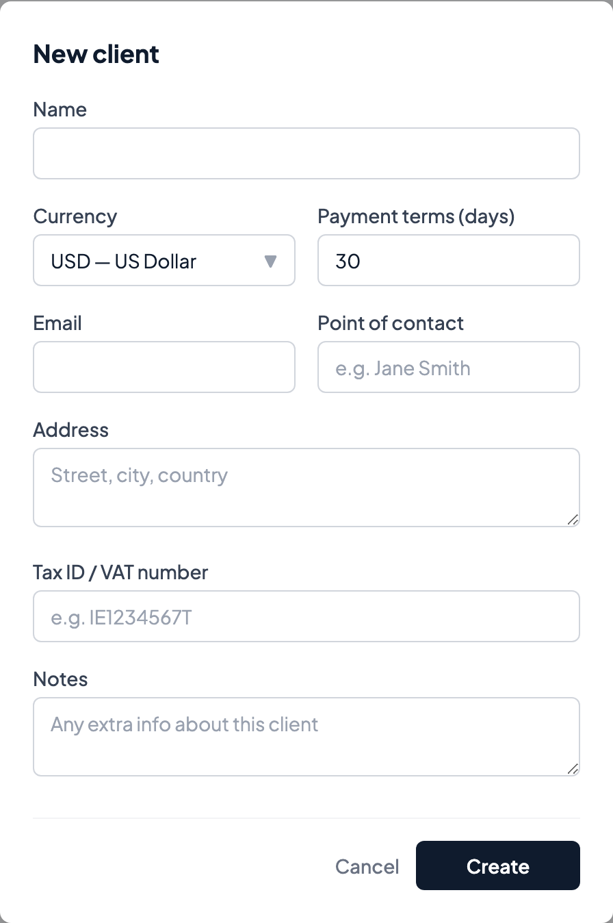 New client form with currency and payment terms fields