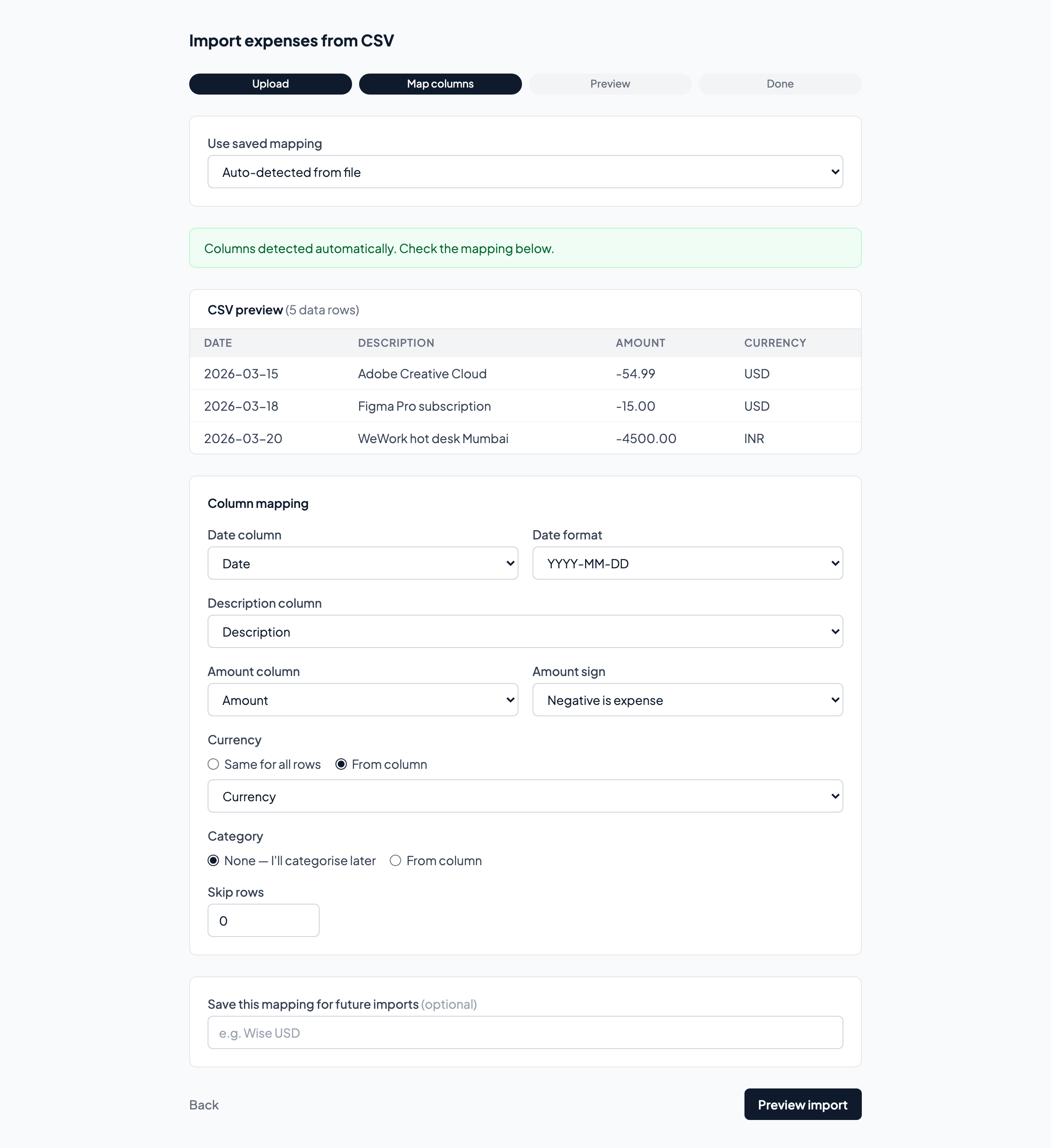 CSV column mapping interface showing dropdown menus for each column