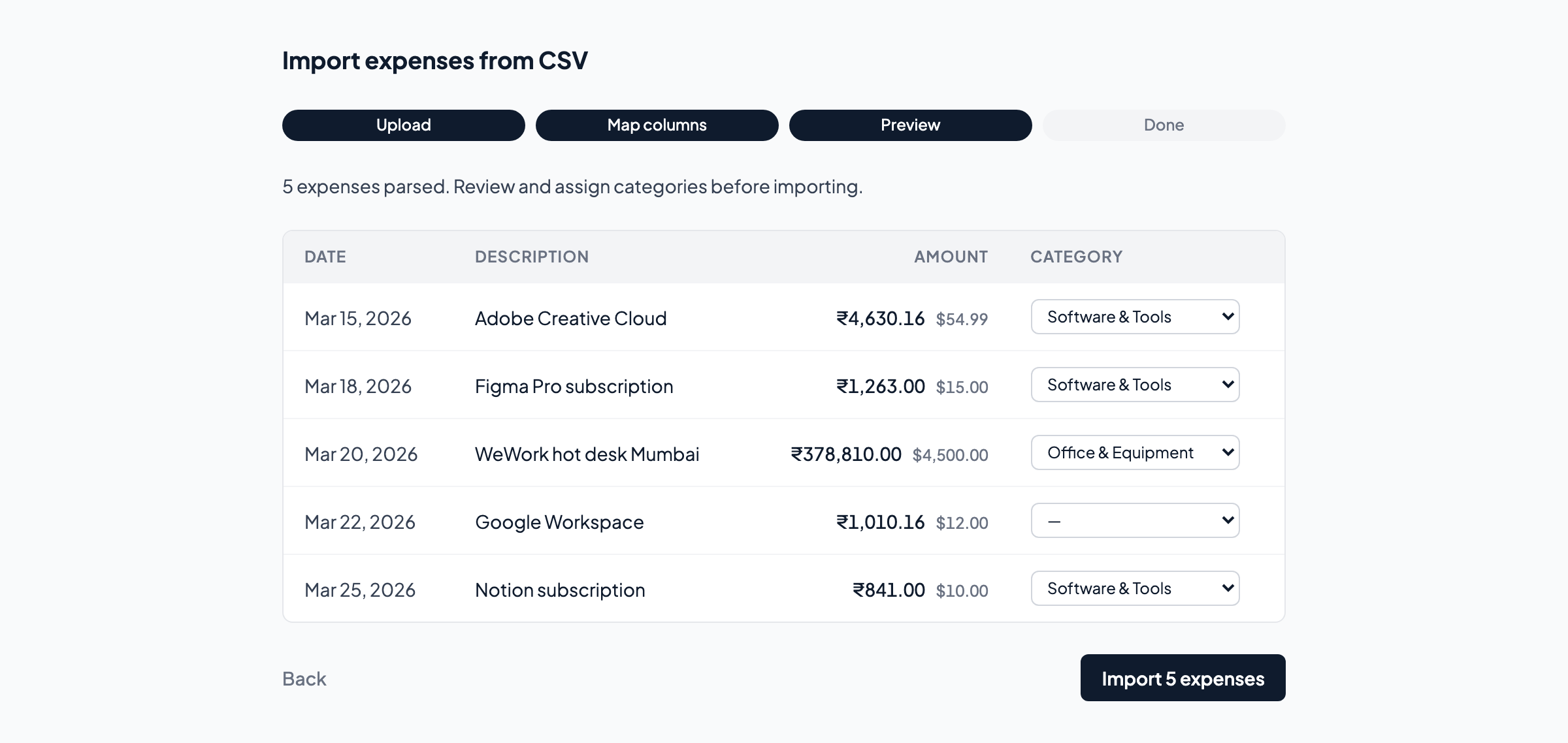 CSV import preview showing parsed expenses with suggested categories