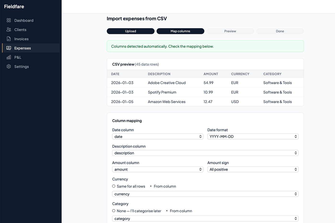 Fieldfare expense import