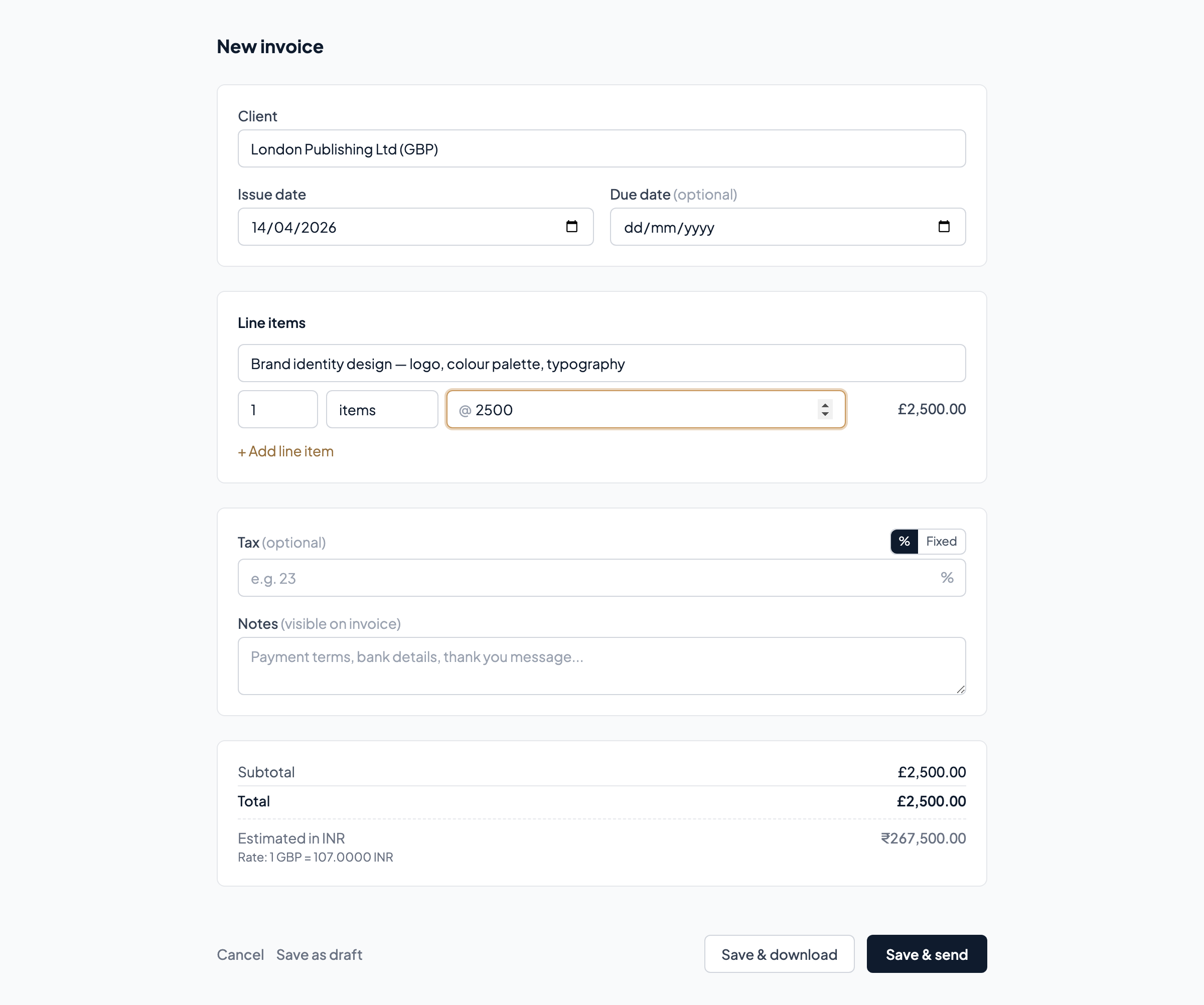 Fieldfare invoice creation form with line items