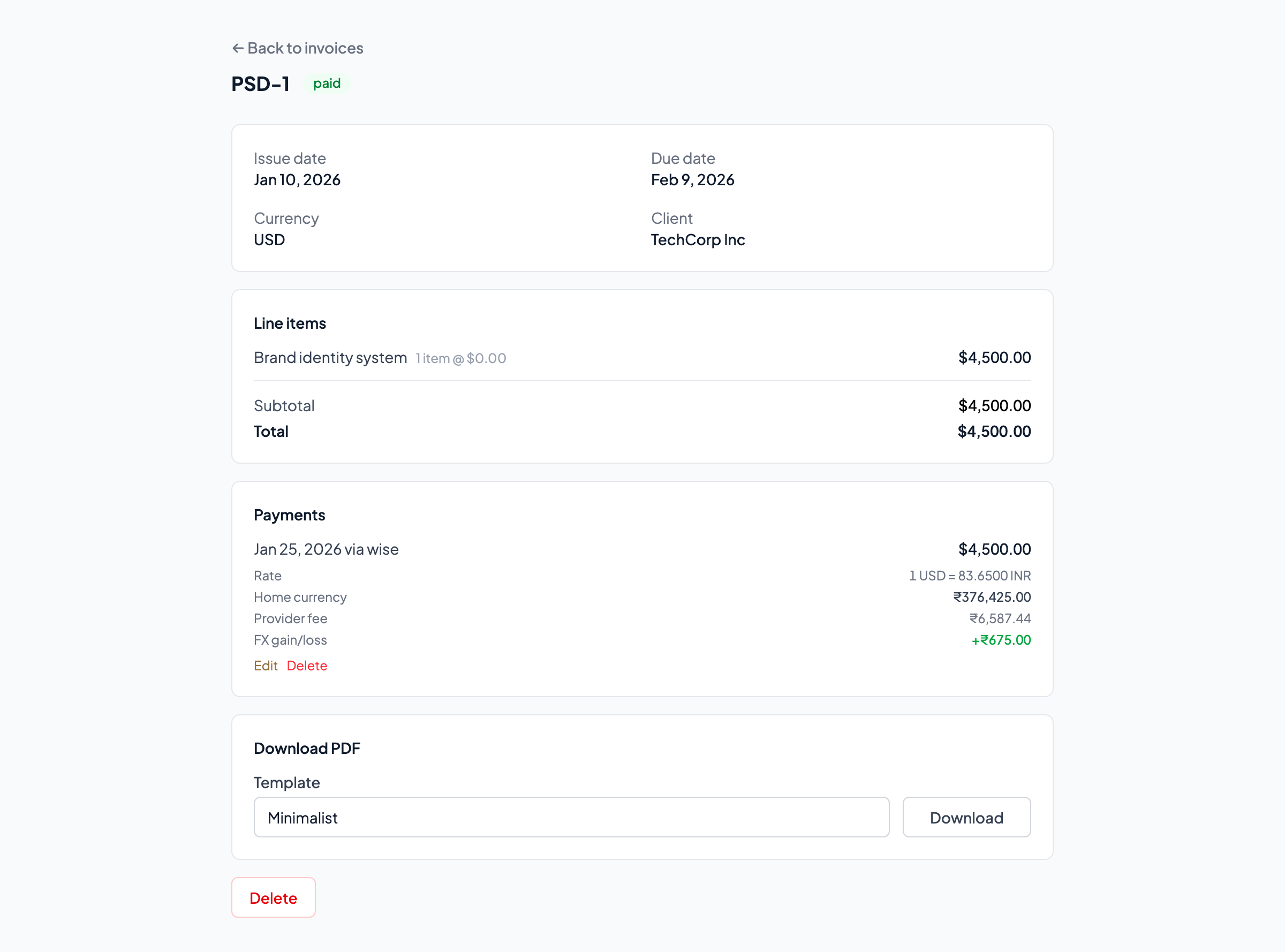 Invoice detail page showing line items, totals, and payment history