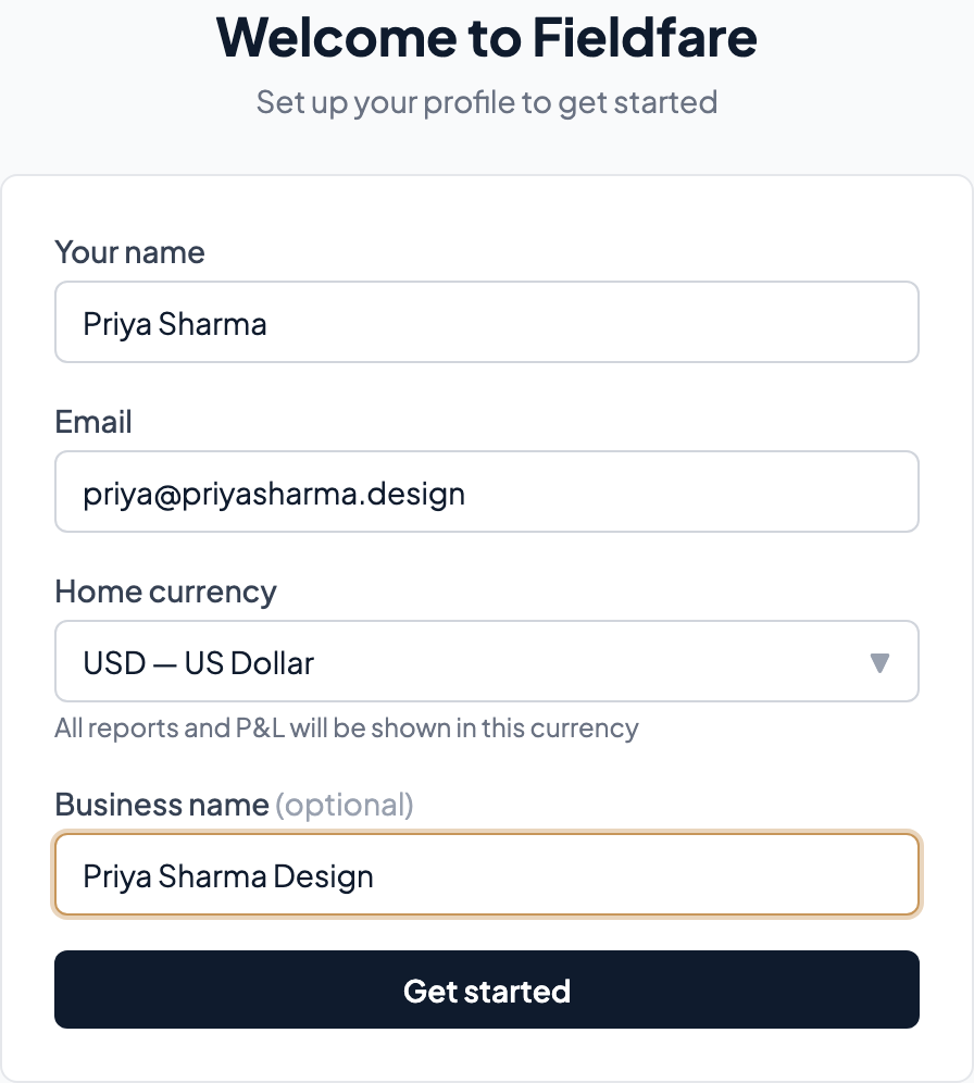 Fieldfare onboarding profile setup form