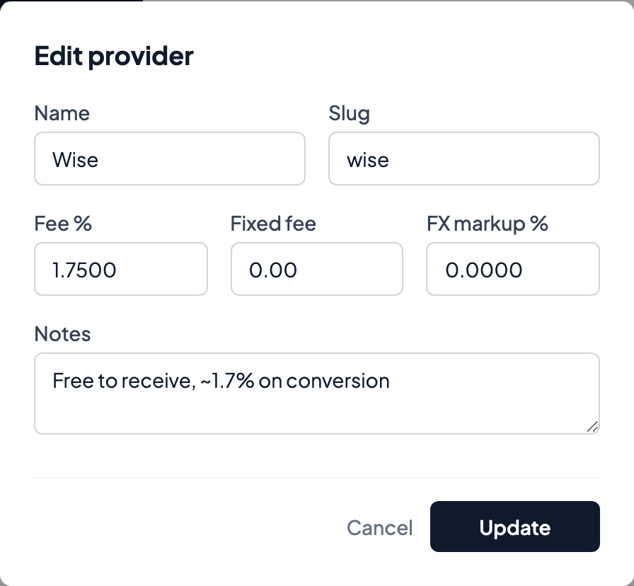 Provider fee configuration form showing percentage fee, fixed fee, and FX markup fields