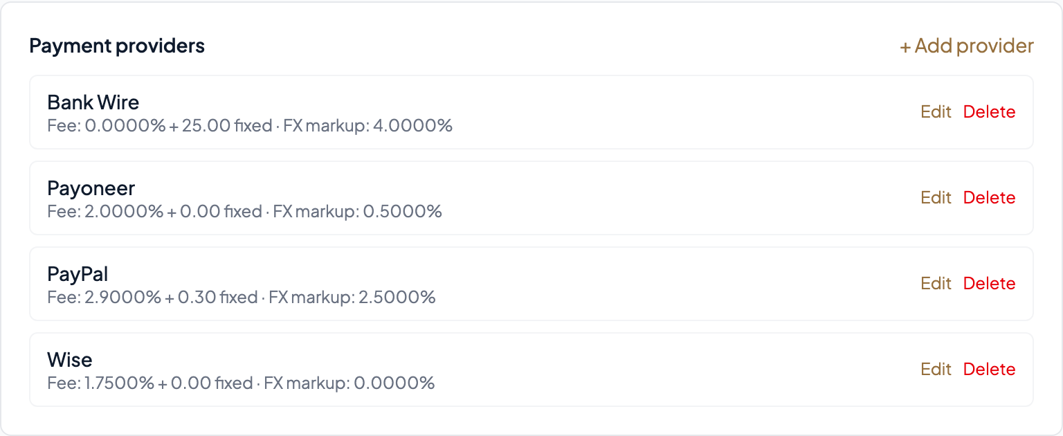Payment providers list in Settings showing Wise, Payoneer, PayPal, and Bank Wire