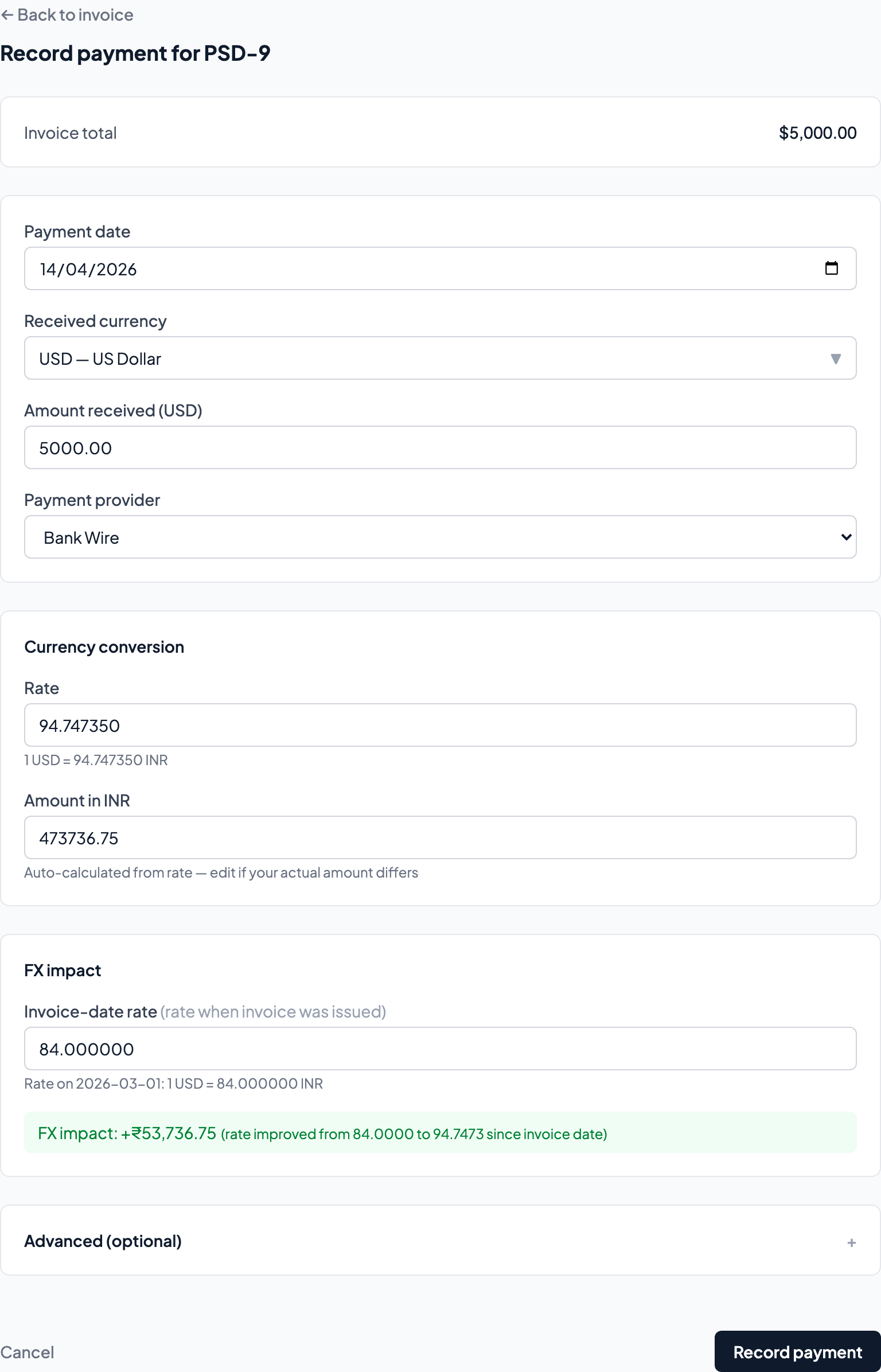 Record payment form showing provider selection, exchange rate, and FX calculations